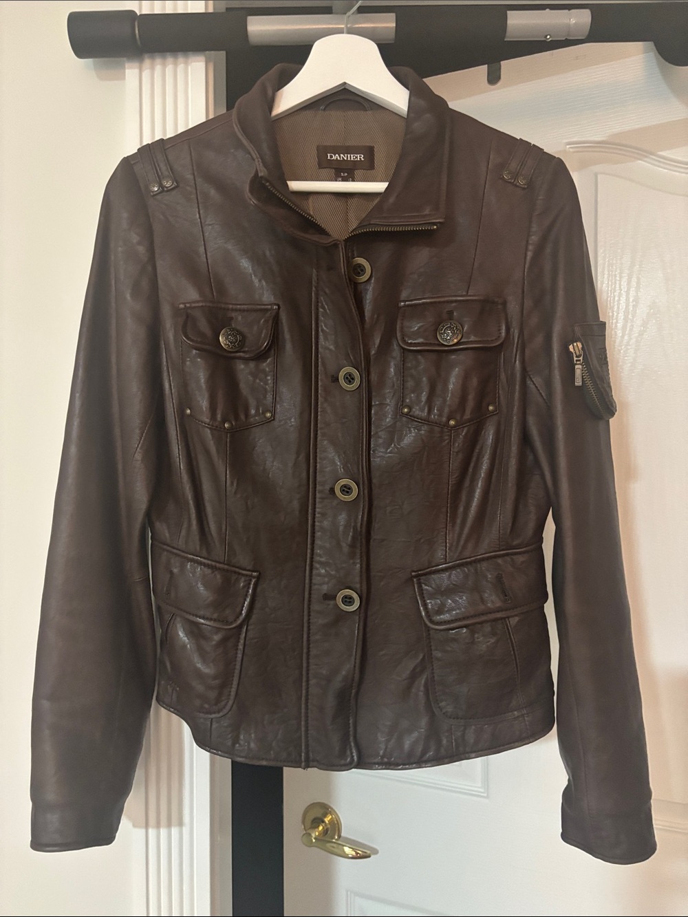 Danier Dark Brown Leather Button-Front Utility Jacket